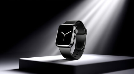 Sleek black smartwatch displayed on a pedestal with dramatic lighting, showcasing modern design and technology, ideal for fitness tracking and daily use