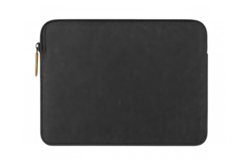 Black laptop sleeve covering and protecting a portable computer. Zipper detail visible on transparent background