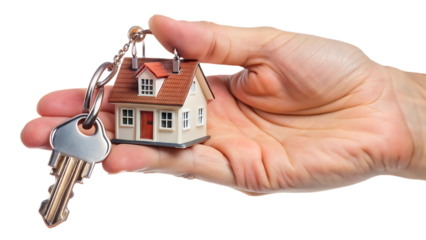 Hand, Holding a miniature house with silver key and keychain, cutout, PNG, isolated on transparent background, AI