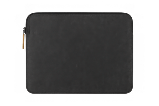 Black laptop sleeve covering and protecting a portable computer. Zipper detail visible on transparent background