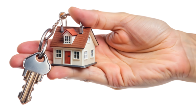Hand, Holding a miniature house with silver key and keychain, cutout, PNG, isolated on transparent background, AI