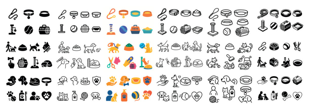 Pet icon set showcasing supplies and activities