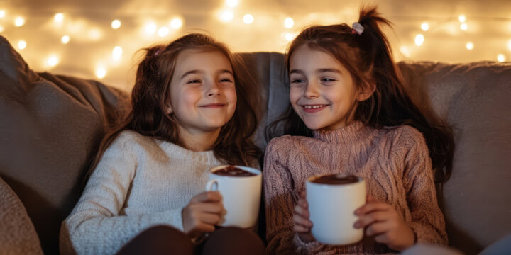 Two girls with hot chocolate in hand sitting chatting in a cozy atmosphere with warm lights