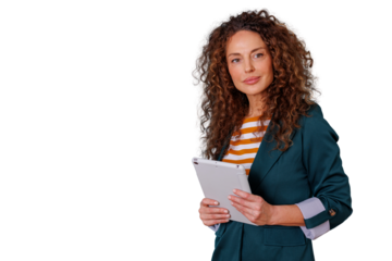 Confident mature businesswoman with curly hair holding a digital tablet, looking at camera on transparent background