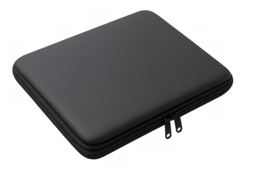 Black laptop sleeve providing protection for electronics, with a zipper closure, portable accessory