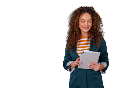 Woman smiling and using a digital tablet for business communication, technology, and online work on a transparent background