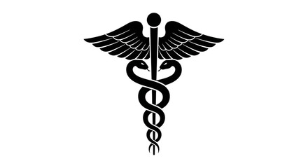 White Caduceus Symbol, with Wings and Two Snakes on Black, isolated on white or transparent background, PNG