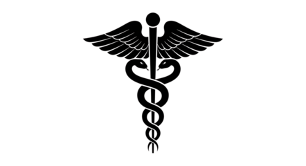 White Caduceus Symbol, with Wings and Two Snakes on Black, isolated on white or transparent background, PNG