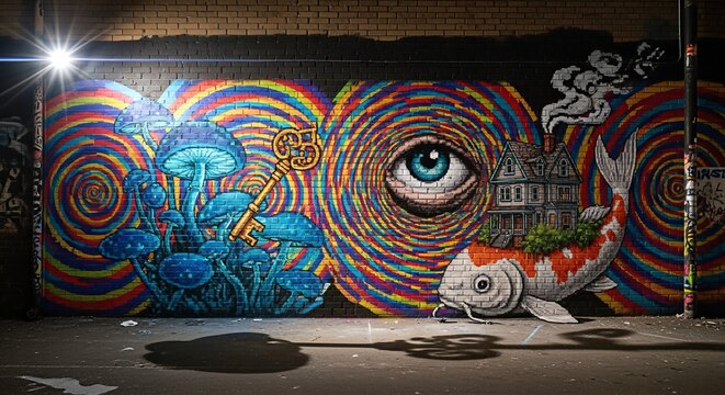 Psychedelic Mural Eye Mushrooms Koi Fish and Spirals in Urban Art.