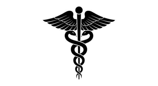 White Caduceus Symbol, with Wings and Two Snakes on Black, isolated on white or transparent background, PNG