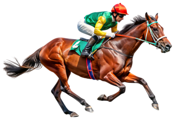 Horse, Brown with jockey in green and yellow racing silks galloping at speed, cutout, PNG, isolated on transparent background, AI