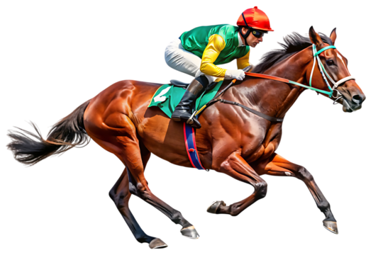 Horse, Brown with jockey in green and yellow racing silks galloping at speed, cutout, PNG, isolated on transparent background, AI