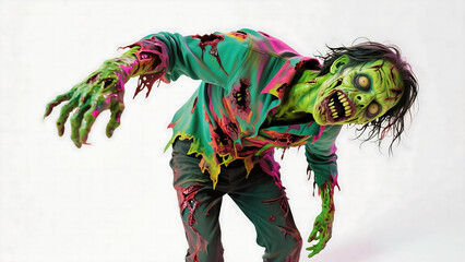 A realistic zombie creature with decayed green skin and torn clothing, reaching forward with an aggressive expression against a white background.