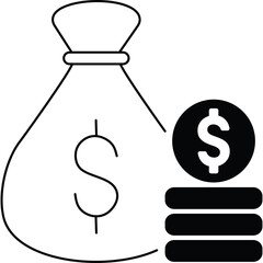 Black and White Icon of a Money Bag with Stacked Coins Featuring Dollar Signs on a Transparent Background