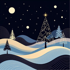 A clean, minimal composition of simple lines and subtle glow to depict an outdoor Christmas scene in a sophisticated modern style.eps