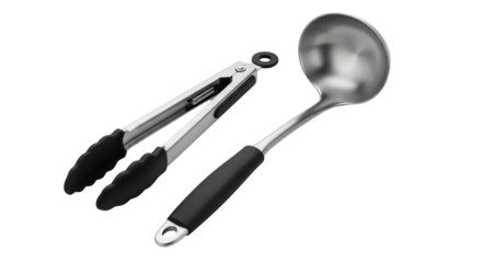 Modern Stainless Steel Kitchen Ladle and Silicone Tongs