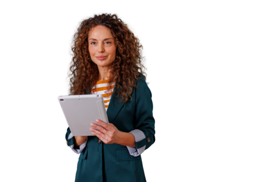 Professional businesswoman with curly hair holding a digital tablet, smiling, representing modern technology and career success