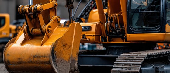 Closeup of a powerful yellow excavator bucket and tracks on a construction site, showcasing heavy equipment and industrial machinery