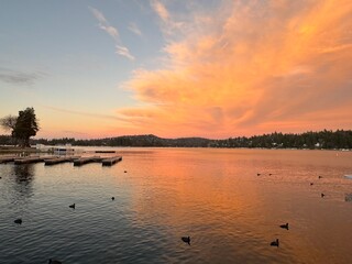 Fototapeta premium Peaceful lake sunset with golden clouds and ducks on the water