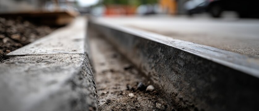 Closeup of concrete curb and gutter along a city street, showcasing urban infrastructure and drainage system for stormwater management