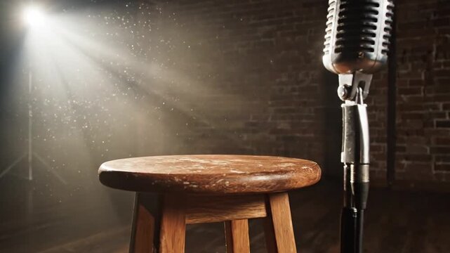 Vintage microphone on stand with wooden stool under stage spotlight against brick wall background