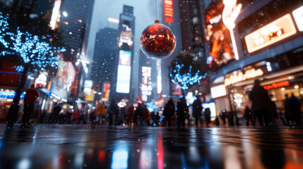 A stunning red Christmas ornament floats in a lively city square, surrounded by illuminated trees and bustling crowds, encapsulating the vibrant essence of the holiday season.