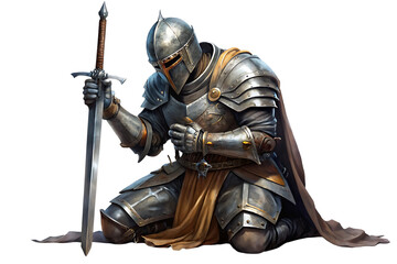 Knight, Medieval in full plate armor kneeling in prayer holding a sword, cutout, PNG, isolated on transparent background, AI