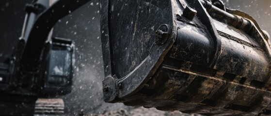 Closeup of a Heavy Duty Excavator Bucket Digging in the Dirt at a Construction Site Concept of Industrial Equipment, Earthmoving, and Infrastructure