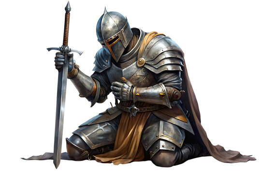 Knight, Medieval in full plate armor kneeling in prayer holding a sword, cutout, PNG, isolated on transparent background, AI