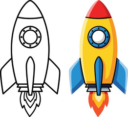 Colorful cartoon rocket ship illustration with its corresponding black and white line art outline. © Alisya Design