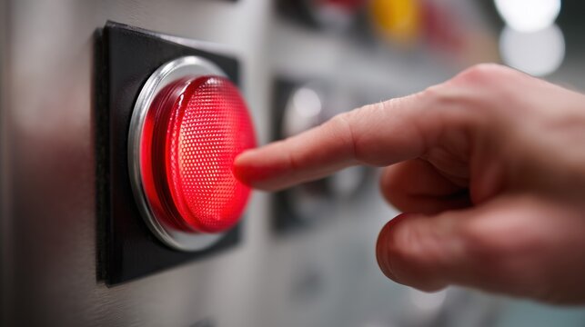 Hand reaching for large red illuminated emergency stop button (industrial safety)