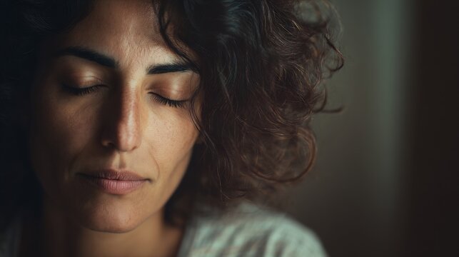 Serene woman portrait with closed eyes curly hair and peaceful expression fine art print canvas wall decor - Powered by Adobe
