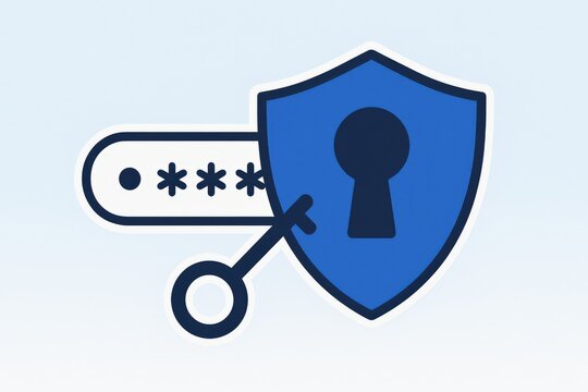 Innovative key unlocking digital security shield with password symbol illustrating cybersecurity protection and data privacy measures in a contemporary design approach promoting trust