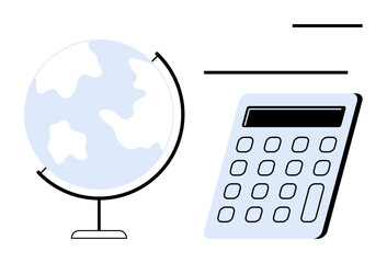 Globe representing worldwide scope and calculator symbolizing financial concepts and learning tools. Ideal for education, finance, global awareness, business planning, teaching, data analysis, simple