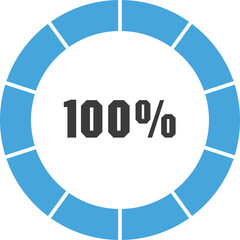 Circular progress bar showing one hundred percent complete with segmented blue rim on a white background