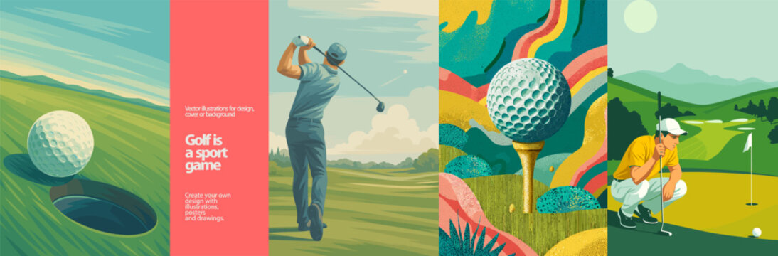 Stylized golf illustrations featuring players, swings, golf balls, lush landscapes, and vibrant abstract elements. Perfect for sports posters, tournament branding, golf clubs, training guides, and out