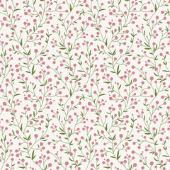 Seamless Pattern with Green Leaves and Red Berries, Floral Ditsy Vector Illustration