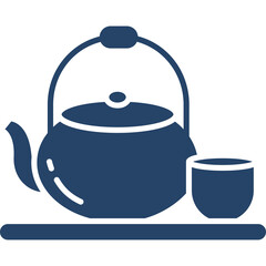 Dark Blue Traditional Tea Kettle and Cup Silhouette on a White Background Ideal for Asian Cuisine and Beverage Themes