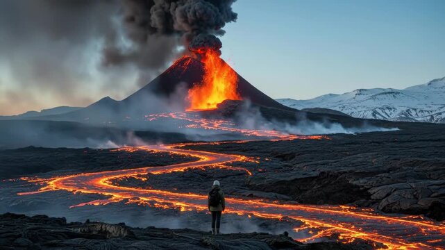 Man standing near erupting volcano with flowing lava. Adventurer observing natural geological event in snowy mountain landscape. Volcanic eruption exploration and nature power concept. video footage