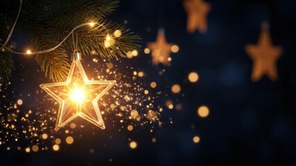 Animated Christmas star ornaments glowing with lights. Festive holiday decorations featuring fir branches and twinkling sparkles. Winter celebration ambiance in dark blue bokeh background. video - Powered by Adobe