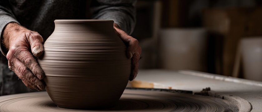 Senior man shaping clay on pottery wheel in workshop Closeup of potters hands crafting vase Concept of craftsmanship, art, and traditional pottery