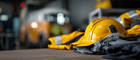 Fototapeta premium Firefighter protective gear including yellow helmet, jacket, and gloves on a wooden surface in fire station Concept of safety, emergency response, and occupation