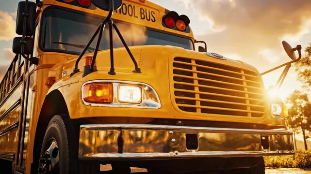 Front view of a classic yellow school bus gleaming in the golden morning light, ready to transport students back to school