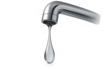 Faucet with a single water drop hanging, representing water waste, scarcity, and the urgent need for conservation, transparent background