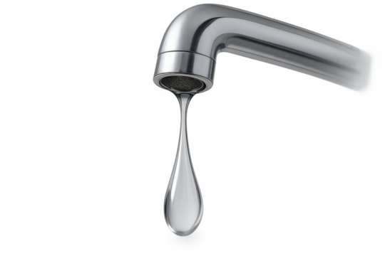 Faucet with a single water drop hanging, representing water waste, scarcity, and the urgent need for conservation, transparent background