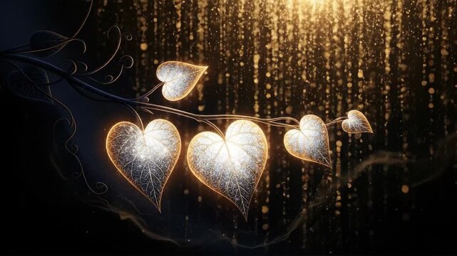 Perpetual animation of golden heart-shaped leaves falling in dark space. Glowing vines and raining particles create romantic eternity effect. Digital love concept visualization. video footage video