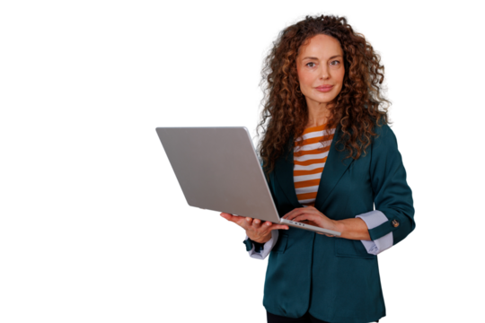 Businesswoman holding laptop and looking at camera, representing remote work, online learning, and digital marketing - Powered by Adobe