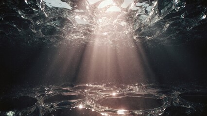 Underwater light beams shining through rippling water at the ocean's depths