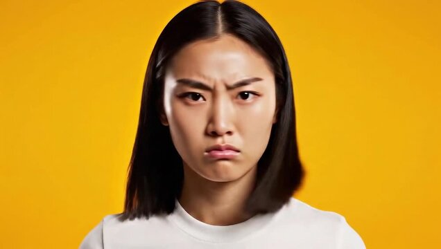 Contemptuous Expression: A striking portrait of a person, her face etched with a mix of defiance and disapproval, set against a backdrop of vibrant yellow, conveying a strong sense of dissatisfaction.