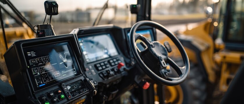 Modern yellow tractor interior with digital display and steering wheel Concept of agriculture, technology, and farming equipment